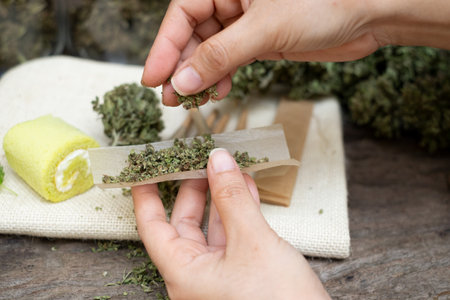 Female hands rolling marijuana with the cannabis budの写真素材