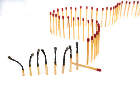 Row of burning matches and all matches on white background. spread of fire one match isolated to stop fire concept of the power of differenceの写真素材