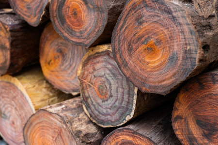 Piles of Siamese rosewood trees stacked on top of each otherの写真素材