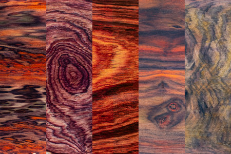 Set of natural real rosewood planks with groove joints have a vertical background, Vintage wooden...