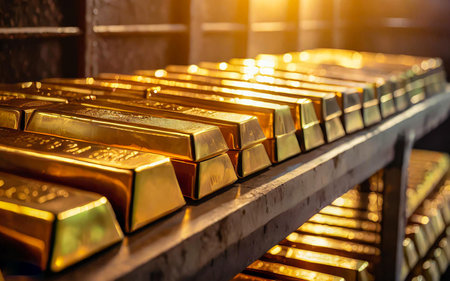 Many gold bars were placed on the iron shelves In the bank vaultの素材