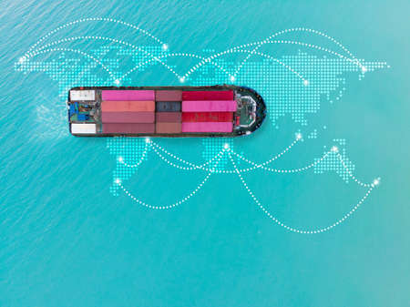 Business Logistics concept, Global network coverage world map,Truck with Industrial Container Cargo...