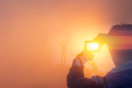 Double exposure Men are focusing on a subject and a picture of people working as a team,business concept.の写真素材