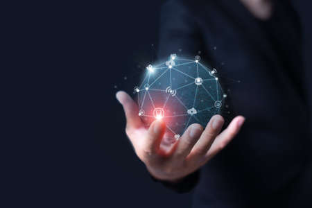 Hand holding virtual global connection with 5G technology. Global network connection and future technology concept. High-speed internet. Wireless system for internet of thing.の写真素材