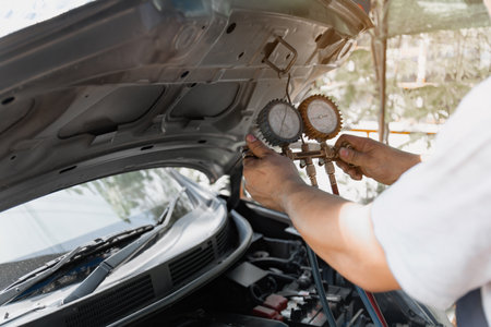 Car air conditioner check service, leak detection, fill refrigerant.Device and meter liquid cooling in the car by specialist technicians, Manometer being used to gauge air conditioning pressure in auto vehicle.の写真素材
