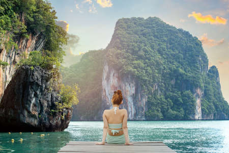 Adventure traveler young woman joy view beautiful destination island Krabi, Famous landmark travel place Thailand, Tourism natural scenic landscape Asia, Tourist summer holiday vacationの写真素材