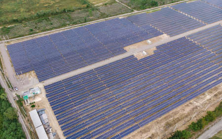 Solar energy farm. Aerial view of a solar farm in Asia, Environment  concept.