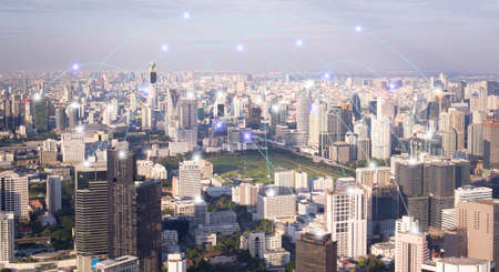 Aerial panolama view,Smart city and dot point connect Modern Telecom System ,Boundless connection...