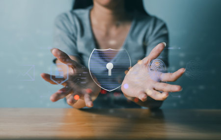 Concept of internet network security with a young woman inside a homeの写真素材