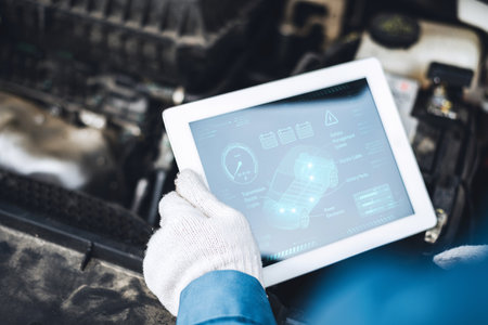 A technician examines the primary electric vehicle issue from a client who has utilized the service using a tablet.の写真素材