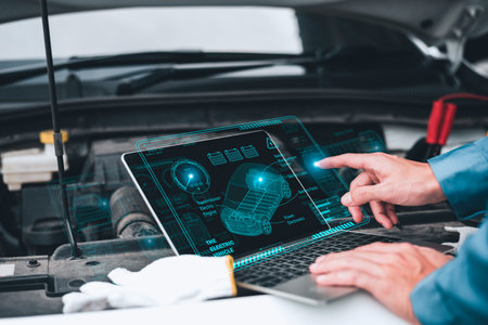 Mechanic working close to an automobile engine while using a laptop. A screen-based automotive diagnostic application. idea of a car serviceの写真素材