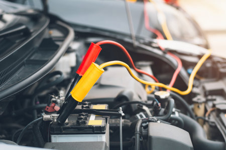 Using jumper wires to charge a car battery that has been discharged with electricityの写真素材