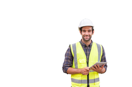 Male construction engineer holding tablet with text-copy space, white background.の写真素材