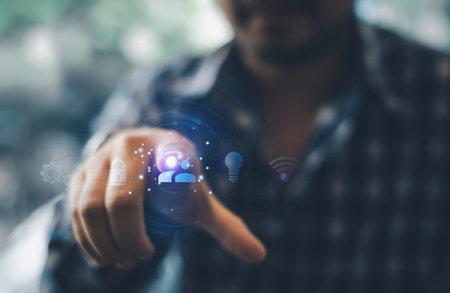 concept of technical support for customers, Customer support icon with a hand touching a virtual reality screen, it support, call center assistance, and technology internet concept.の写真素材