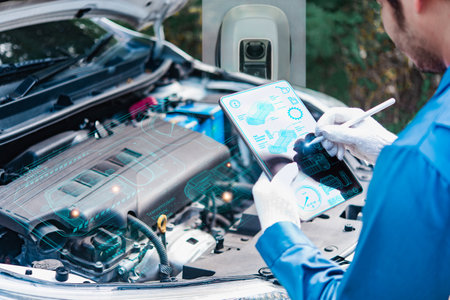 A futuristic interactive diagnostics software-equipped tablet computer is used by the manager or mechanic of a car service. Finding damaged engine parts through specialized inspection of the vehicleの写真素材