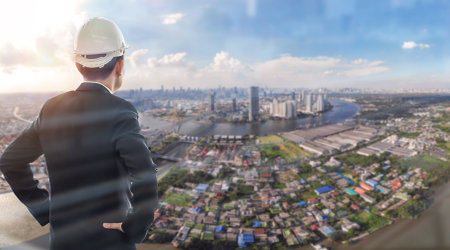 Businessman is looking at city, copy space for text.の写真素材