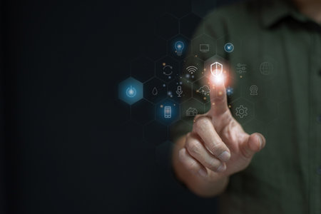 Businessman touches a virtual screen in the concept of networking and connecting, copy space for...