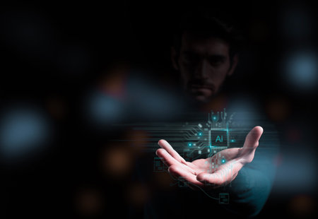 Man utilizing implements Artificial Intelligence (AI), smart robot research, invention, and technology online network that is both futuristic and worldwide, enabling access to data and informationの写真素材