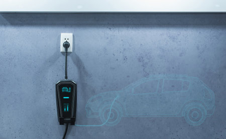 Common electric car A wallbox on a modern, contemporary residential building house is charging an electric vehicle hybrid.の写真素材