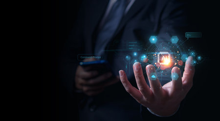 AI technology, businessman displays simulated image Robot for global Internet connectivity Talk to...