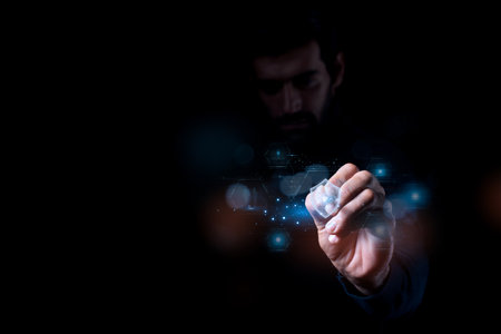 Privacy and cybersecurity principles to safeguard data. Internet network security technologies and the lock icon. A businessman using virtual screen interfaces and smartphones to protect personal dataの写真素材