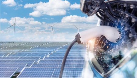 Electric vehicle charging stations (EV charging stations) use sustainable energy derived from renewable resources to power the stations, hence lowering carbon dioxide emissions.の写真素材