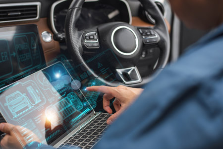 Person interacting with advanced holographic car interface while driving, showcasing modern vehicle technology.の写真素材