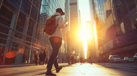 Person with backpack walking on city sidewalk during a sunny morning rush hour, surrounded by skyscrapers.の素材