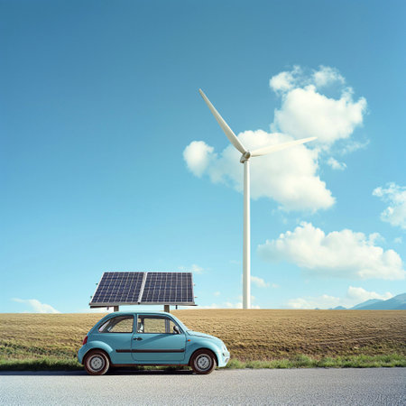 An electric vehicle parked beside a solar panel with a wind turbine against a clear blue sky, symbolizing sustainable energy solutions.の素材