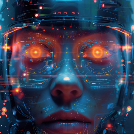 Close-up of a cybernetic face with glowing eyes and a high-tech heads-up display, depicting advanced artificial intelligence.の素材