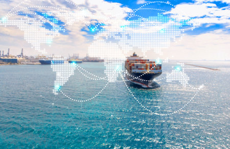 A large container ship moves through sparkling blue waters under a clear sky, signifying global trade and transportation, blurred of background, copy space for text.の写真素材