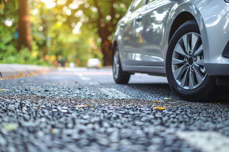 Car parking on the street in the morning. Selective focus, AI generated.の素材