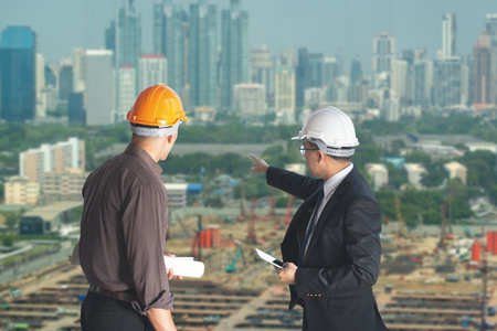 Two engineers with hard hats and plans, discussing a large urban construction site with a city skyline in the background.の写真素材