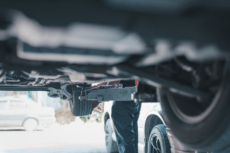 Close-up view of a mechanic examining a car's undercarriage while it is lifted for maintenance or repair.の写真素材