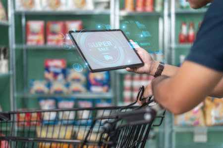 Person using a digital tablet with augmented reality features to view discounts while shopping in a...