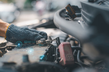 Close-up of a hand in gloves inspecting a car battery with futuristic digital interface overlays representing diagnostics and status.の写真素材