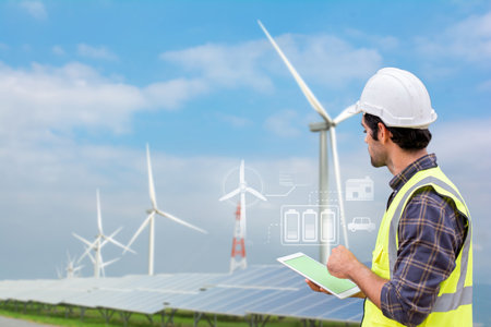 Technician using digital tablet to inspect wind turbines and solar panels, representing clean...