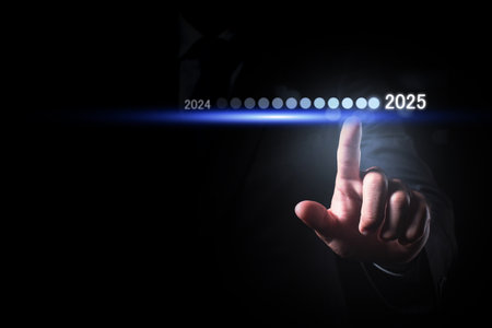 A man in a suit touches a virtual interface, symbolizing the transition from 2024 to 2025 with...