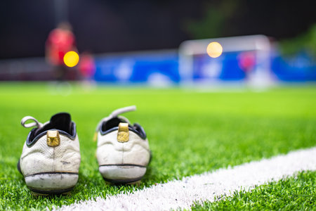 Worn soccer cleats rest on artificial turf as blurred players warm up near the goalpost during a nighttime practice session.の写真素材