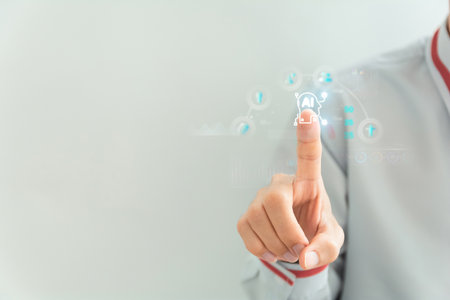 Hand touching AI hologram. Concept of artificial intelligence, future technology, and digital...
