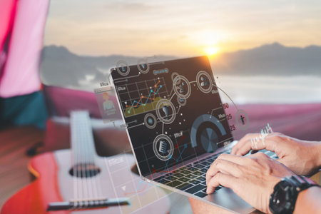 A digital nomad works remotely on a laptop with virtual data analytics and infographics displayed on...