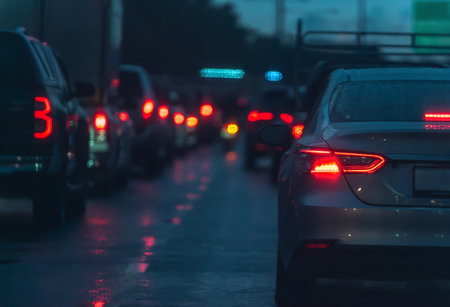 Cars stuck in a traffic jam during nighttime, with red brake lights glowing and reflecting on the wet road surface, creating an urban congestion scene.の写真素材