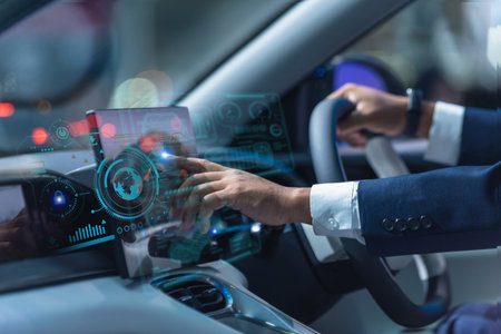 Modern car interior showing a businessman interacting with an advanced digital dashboard featuring holographic controls, navigation data, and smart driving technology.の写真素材