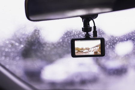 Car dashboard camera mounted on a windshield recording video of traffic during heavy rain. Concept of road safety, technology, and insurance evidence.の写真素材