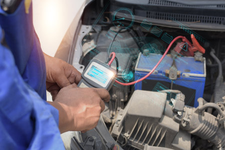 Close-up of mechanic hands using a battery tester on a car engine with a futuristic digital diagnostic hologram overlay showing vehicle data.の写真素材