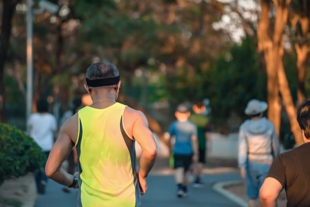 Back view of a healthy fit senior man in yellow tank top jogging and exercising on a path in a public park during sunset.の写真素材