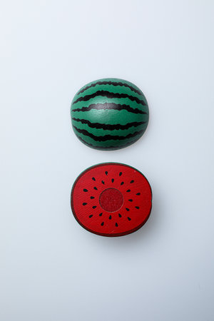 Watermelon and watermelon slices on white background. Top view.の写真素材