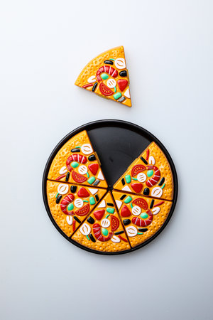 Pizza in black plate on white background, top view, copy spaceの写真素材