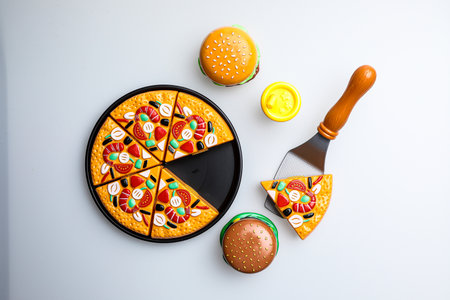 Top view of a pizza and cheeseburger on a white backgroundの写真素材