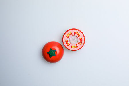 Tomato on white background. Top view. Flat lay. Copy space.の写真素材
